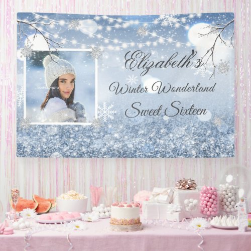 Sweet Sixteen Blue White Winter Wonderland Snow Ba Banner
