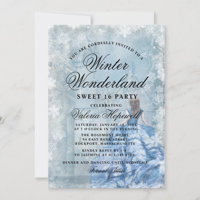 Sweet Sixteen Blue Winter Wonderland Princess Invitation (Front)