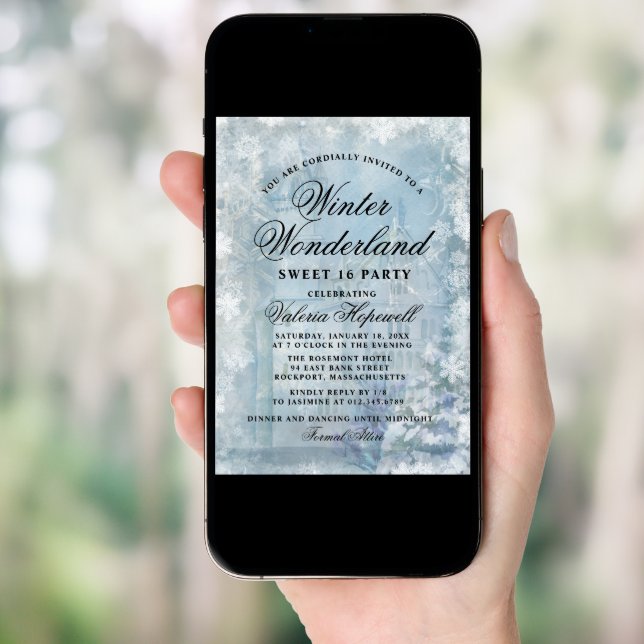 Sweet Sixteen Blue Winter Wonderland Snowflake Invitation (Front Digital)