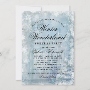 Sweet Sixteen Blue Winter Wonderland Snowflake Invitation