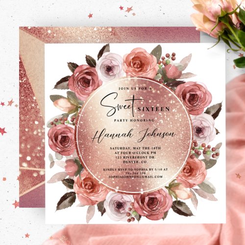 Sweet Sixteen Blush Floral Rose Gold Glitter Invitation