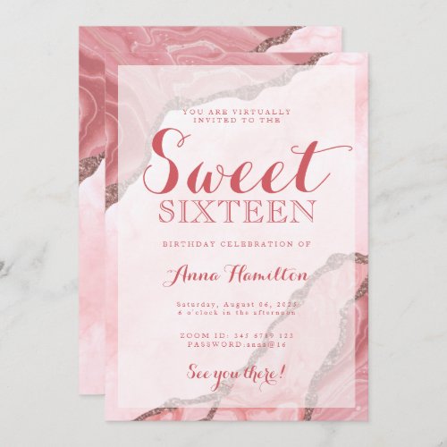 Sweet Sixteen Blush Pink Agate Virtual Birthday Invitation