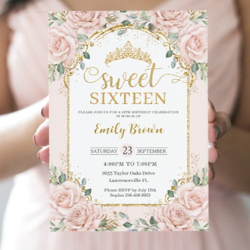 Sweet Sixteen Blush Pink Floral Gold 16th Birthday Invitation