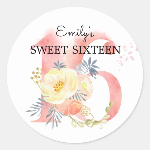 Sweet Sixteen Blush Pink Flower Number 16 Custom Classic Round Sticker