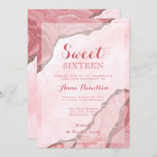 Sweet Sixteen Blush Pink Gold Agate Geode Birthday Invitation