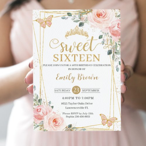 Sweet Sixteen Blush Pink Rose Floral Butterflies  Invitation