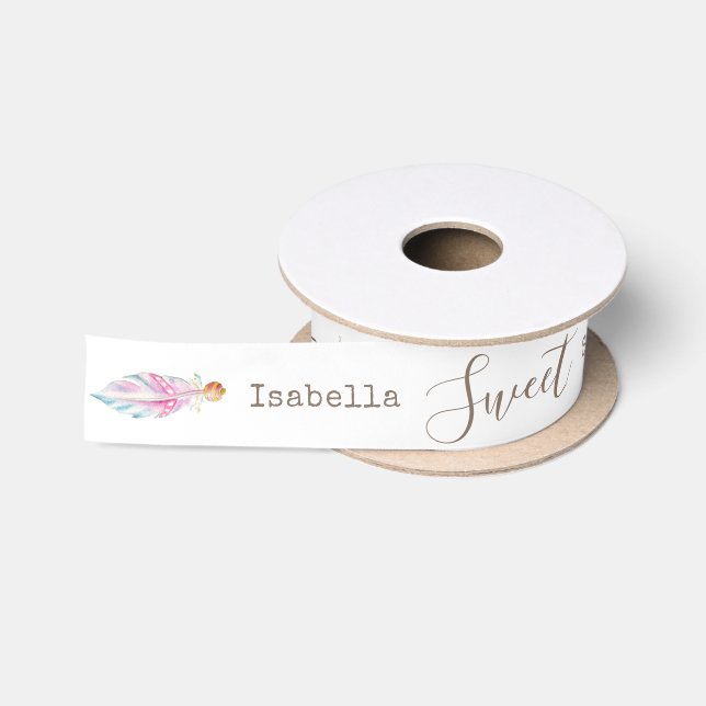 Sweet Sixteen boho feather pink 16th birthday  Satin Ribbon (Spool)