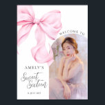 Sweet Sixteen Bow Photo Welcome Sign Poster<br><div class="desc">Pink Bow Sweet Sixteen Birthday Welcome Sign poster for a modern bow aesthetic 16th birthday celebration with a photo template</div>