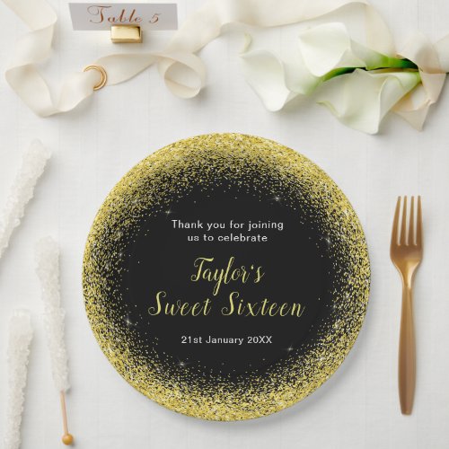 Sweet Sixteen Bright Yellow Faux Glitter Paper Plates