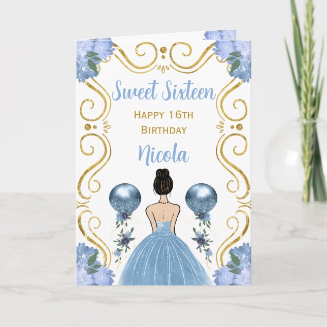 Sweet Sixteen Brown Hair Princess Blue Birthday Card (Front)