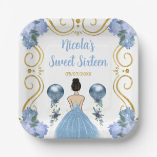 Sweet Sixteen Brown Hair Princess in Dusty Blue Paper Plates