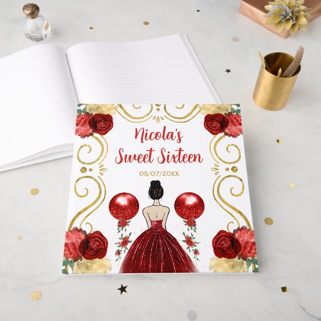 Sweet Sixteen Brown Hair Princess in Red Guest Book (Front Open)