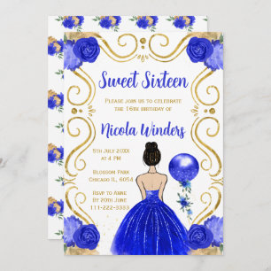 Sweet Sixteen Brown Hair Princess in Royal Blue Invitation
