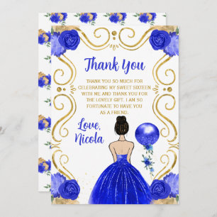 Sweet Sixteen Brown Hair Princess in Royal Blue Thank You Card