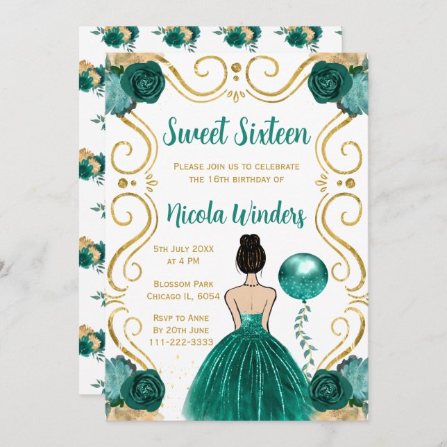 Sweet Sixteen Brown Hair Princess in Teal Invitation (Front/Back)