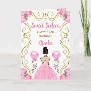 Sweet Sixteen Brown Hair Princess Pink Birthday Card