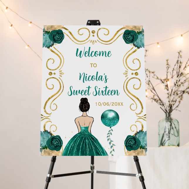 Sweet Sixteen Brown Hair Princess Teal Welcome Foam Board (In Situ (Stand))