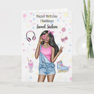 Sweet Sixteen Brown Roller Girl Happy Birthday Holiday Card