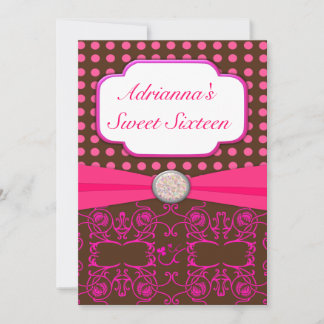 Sweet Sixteen Brown With Pink Damask Birthday Invitation