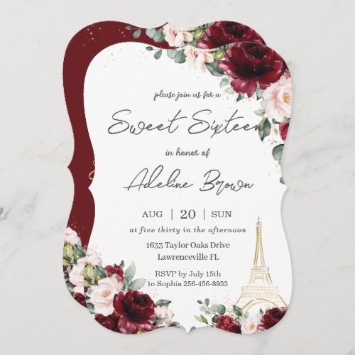Sweet Sixteen Burgundy Blush Floral Eiffel Paris Invitation