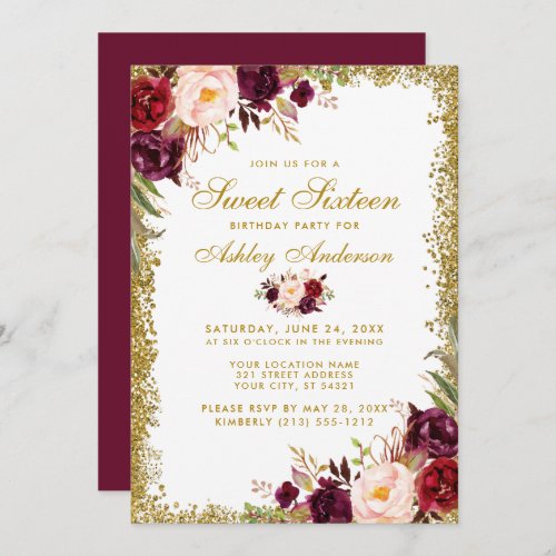 Sweet Sixteen Burgundy Floral Gold Glitter Invitation