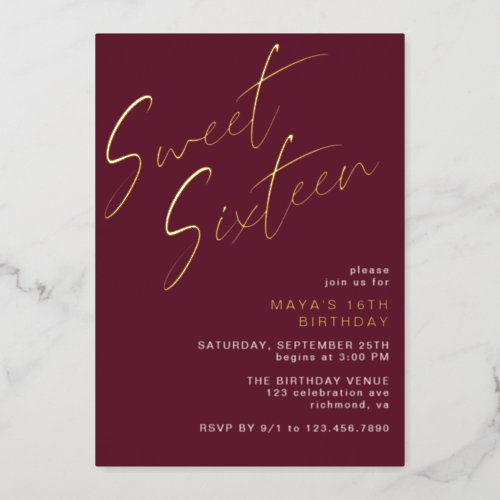 Sweet Sixteen Burgundy Red and Gold 16th Birthday Foil Invitation