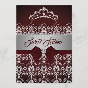 Sweet Sixteen Burgundy Sparkle Diamond Tiara Bow Invitation