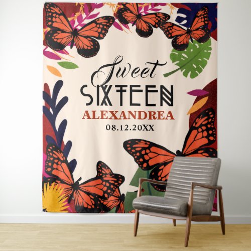 Sweet Sixteen Butterflies Floral Photo Backdrop