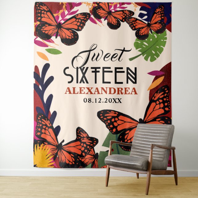 Sweet Sixteen Butterflies Floral Photo Backdrop (In Situ)