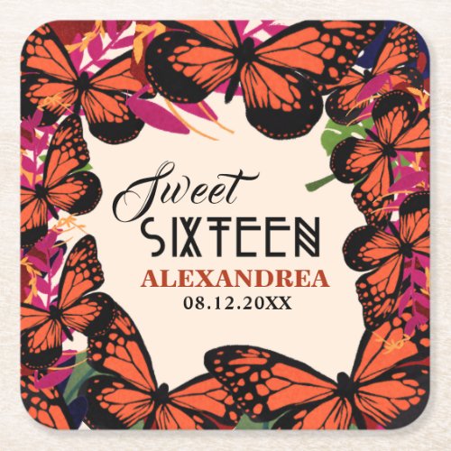 Sweet Sixteen Butterflies Floral  Square Paper Coaster