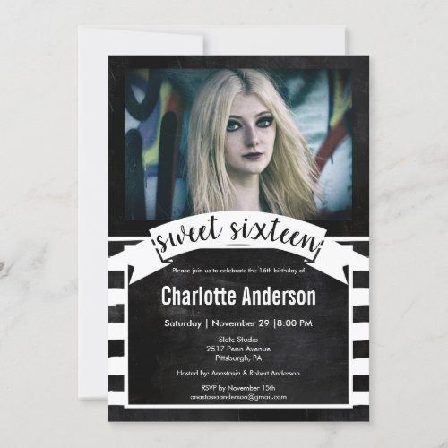 Sweet Sixteen Chalkboard Black White Stripes Photo Invitation