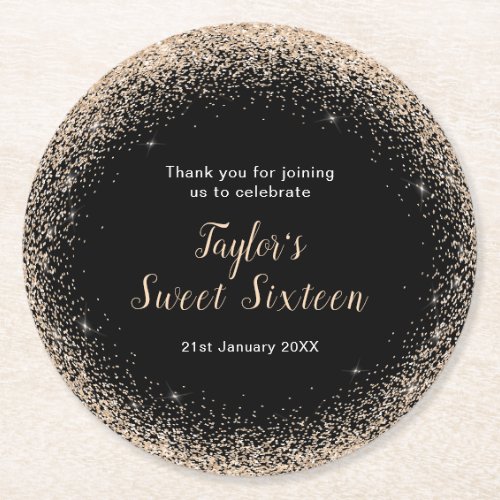 Sweet Sixteen Champagne Faux Glitter Round Paper Coaster