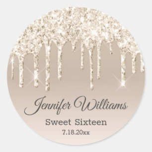 sweet sixteen champagne gold dripping glitters classic round sticker
