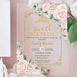 Sweet Sixteen Champagne Ivory Blush Floral Gold Acrylic Invitations<br><div class="desc">Personalize this elegant Sweet 16 Birthday acrylic invitation with own wording easily and quickly. Simply click the "Edit Using Design Tool" button to modify the text, wording, font style, font size, and font color. You can also add or remove text, and move or remove images. The crown is movable, resizable,...</div>