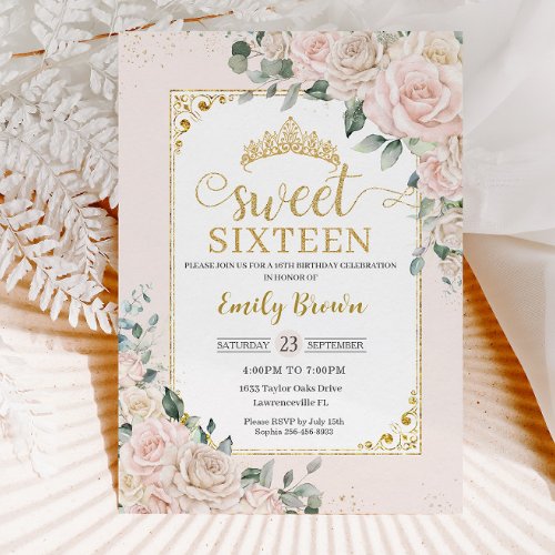 Sweet Sixteen Champagne Ivory Blush Floral Gold Invitation