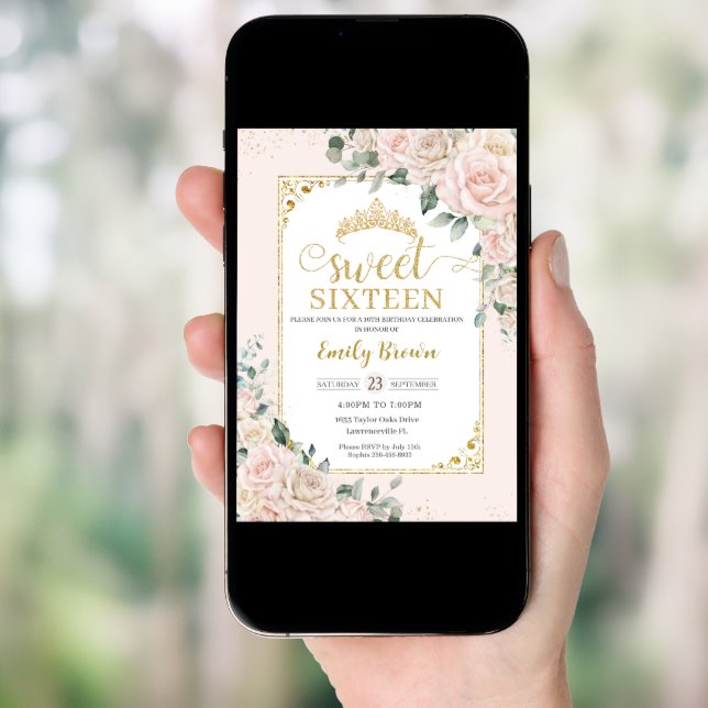 Sweet Sixteen Champagne Ivory Blush Floral Gold Invitation (Front Digital)