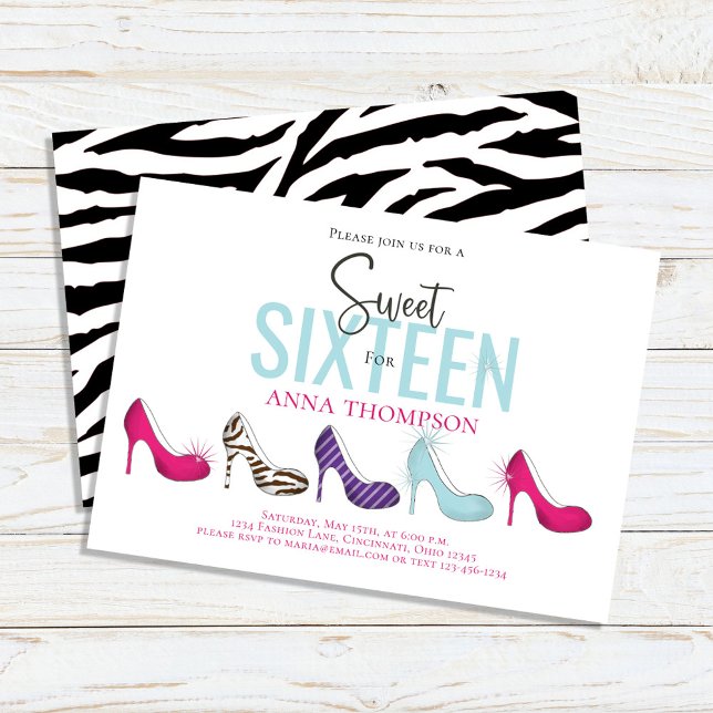 Sweet Sixteen Chic Colorful Birthday Party Invitation (Sweet 16 custom invitation with colorful high heeled shoes)