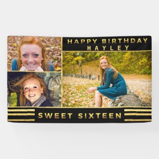 Sweet Sixteen Chic Gold Black Stripes Photo Banner
