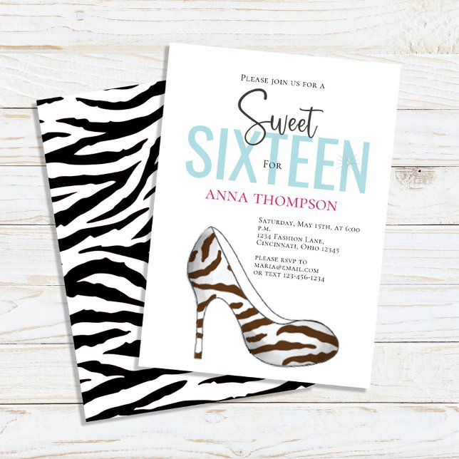 Sweet Sixteen Chic Shoes Birthday Party Invitation (Sweet 16 custom invitations with animal print high-heeled shoes. )