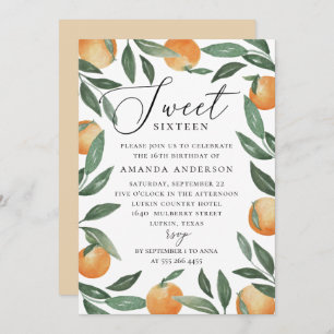 Sweet Sixteen Citrus Orange & Greenery Birthday Invitation
