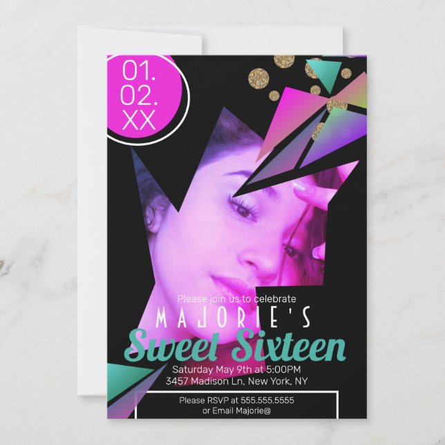 Sweet Sixteen Club Style Neon Invitation (Front)
