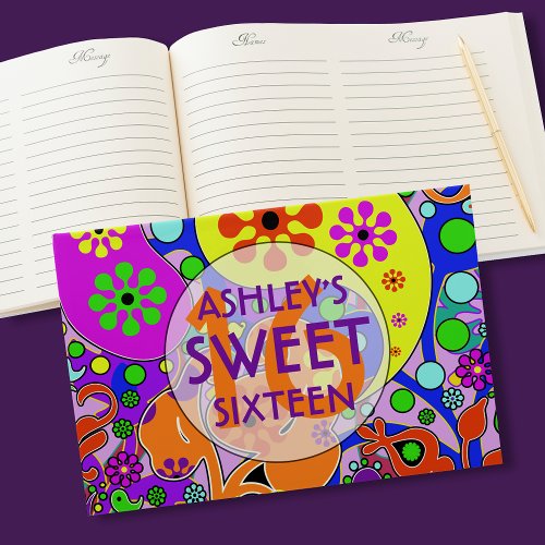 Sweet Sixteen Colorful Retro Floral  Guest Book