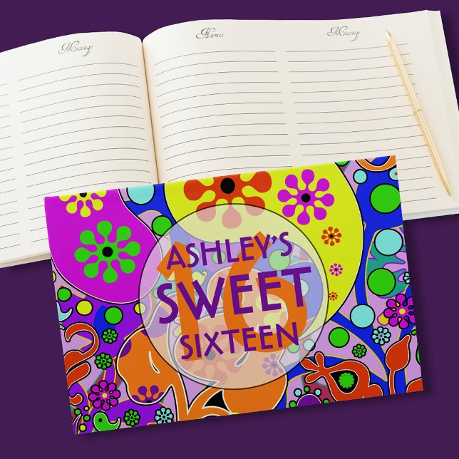 Sweet Sixteen Colorful Retro Floral  Guest Book (Creator Uploaded)