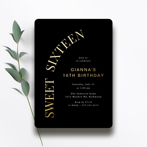 Sweet Sixteen  Cool Black and Gold 16th Birthday Foil Invitation