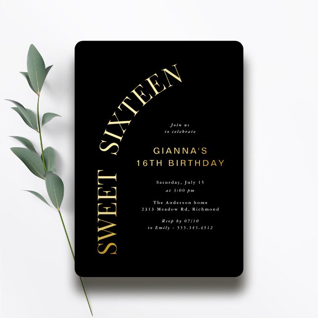 Sweet Sixteen | Cool Black and Gold 16th Birthday Foil Invitation (Creator Uploaded)