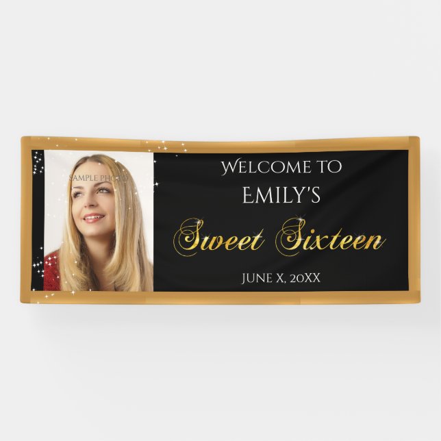 Sweet Sixteen, Custom Photo, Gold Sparkle Banner (Horizontal)