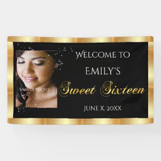 Sweet Sixteen, Custom Photo, Gold Sparkle Banner