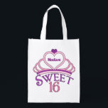 Sweet Sixteen Cute Tiara Birthday Girl Grocery Bag<br><div class="desc">Personalized pretty sweet sixteen birthday party reusable grocery bag with a pink tiara topped with a purple heart and your teenage girl's name inside of it. Cute Sweet Sixteen written in beautiful script for your princess who deserves a royal crown.</div>