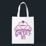 Sweet Sixteen Cute Tiara Birthday Girl Grocery Bag<br><div class="desc">Personalized pretty sweet sixteen birthday party reusable grocery bag with a pink tiara topped with a purple heart and your teenage girl's name inside of it. Cute Sweet Sixteen written in beautiful script for your princess who deserves a royal crown.</div>