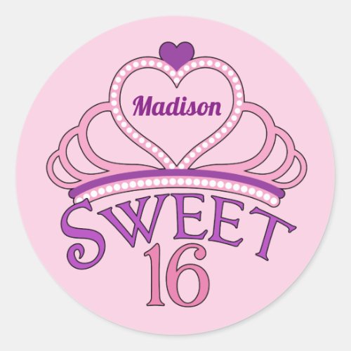 Sweet Sixteen Cute Tiara Pink Birthday Party Classic Round Sticker